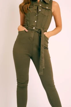 Rebellious Fashion Khaki Button Front Sleeveless Jumpsuit - Faven
