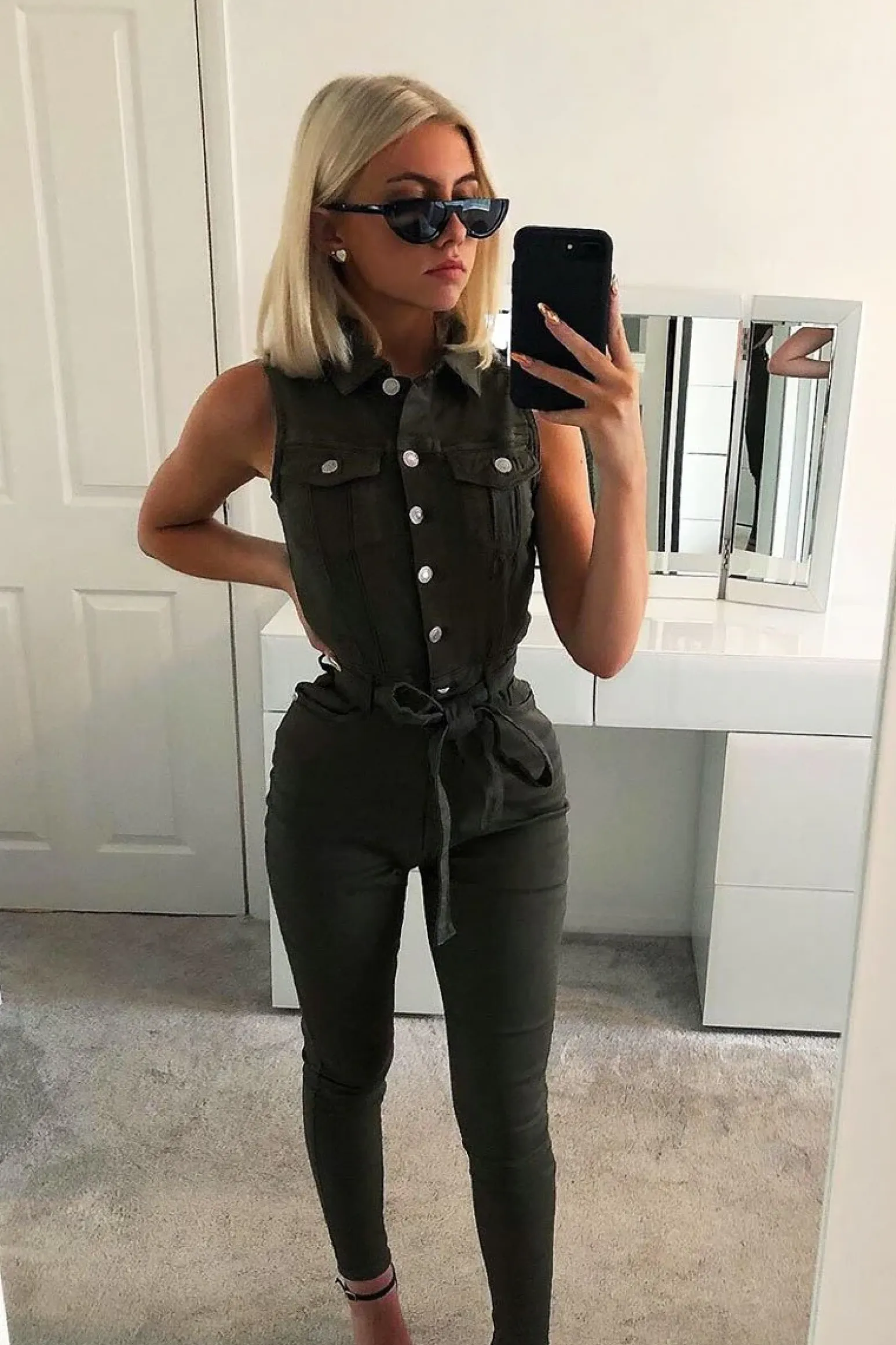 Rebellious Fashion Khaki Button Front Sleeveless Jumpsuit - Faven