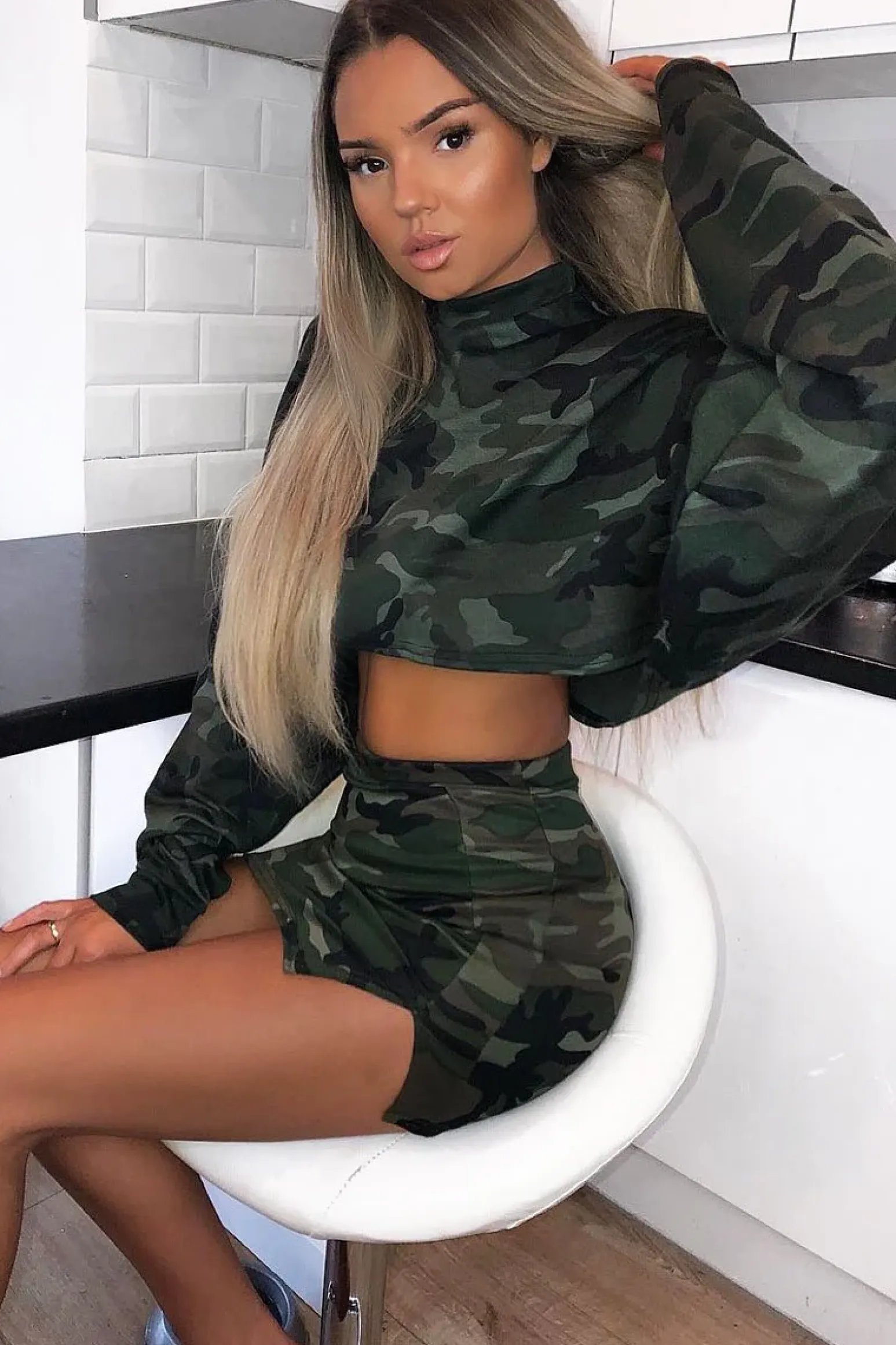 Rebellious Fashion Khaki Camo Cropped Batwing Jumper - Lizy