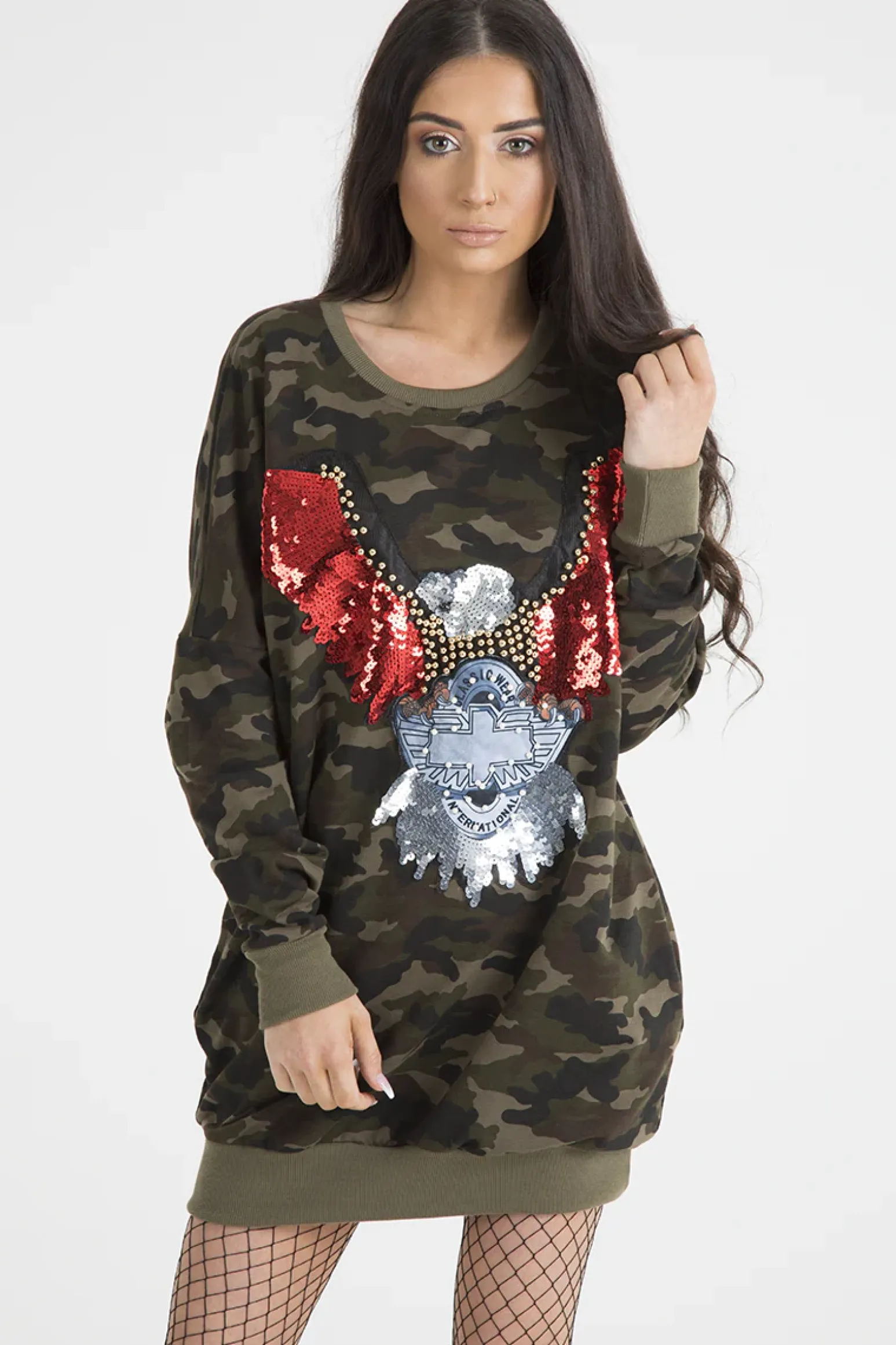 Rebellious Fashion Khaki Camo Eagle Jumper Dress - Maria