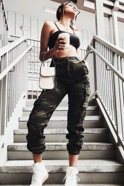 Rebellious Fashion Khaki Camo Printed Cargo Trousers - Vivi