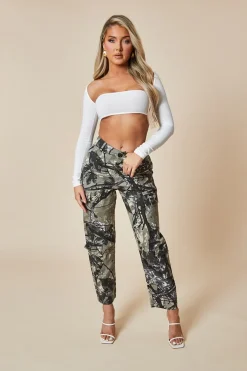 Rebellious Fashion Khaki Camo Print Straight Leg Cargo Trousers - Hikari
