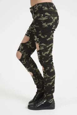 Rebellious Fashion Khaki Camo Studded Ripped Jeans - Christina