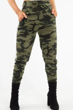 Rebellious Fashion Khaki Camouflage Print Side Stripe Joggers - Shannen