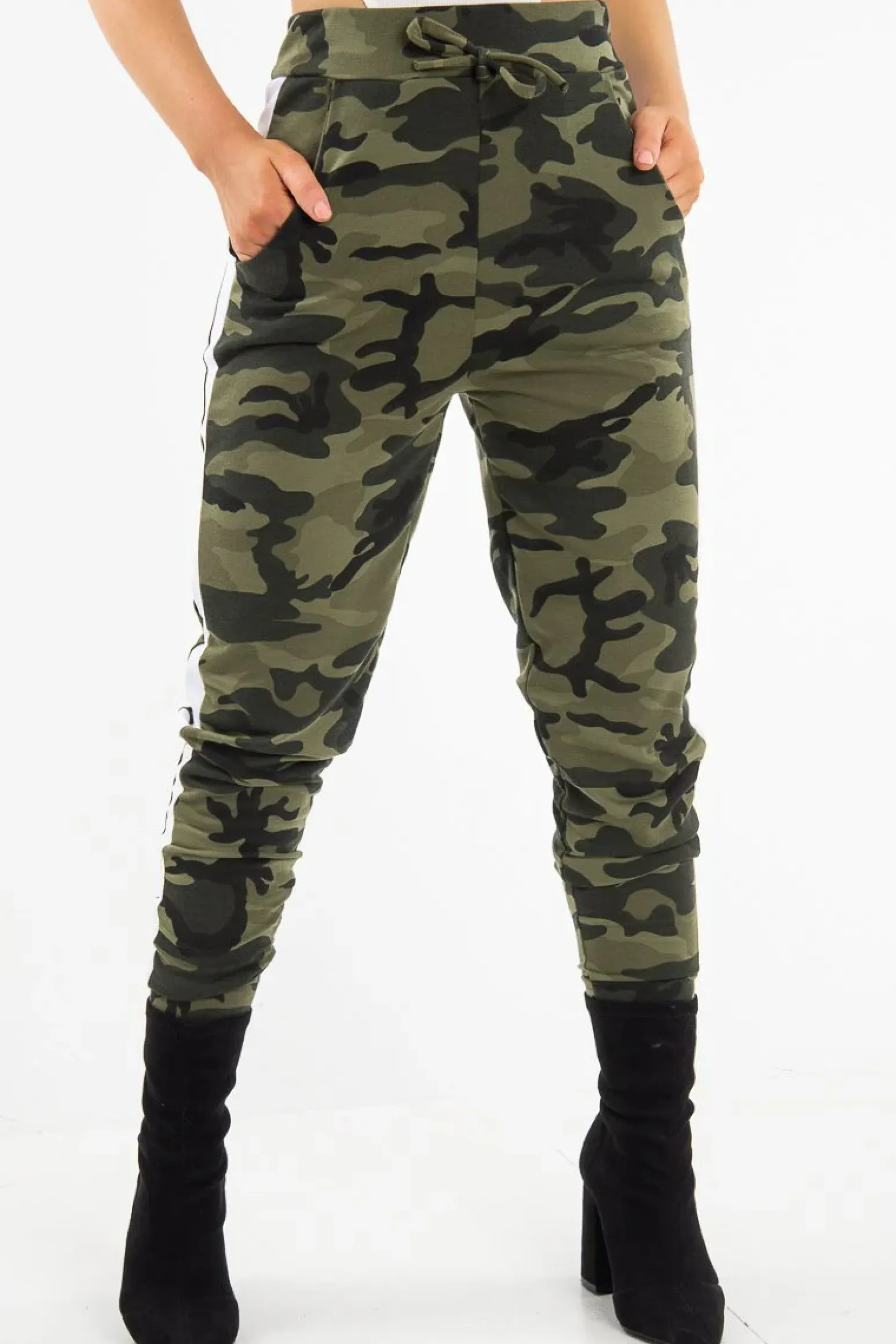 Rebellious Fashion Khaki Camouflage Print Side Stripe Joggers - Shannen