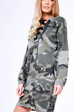 Rebellious Fashion Khaki Camouflage Ribbon Lace Up Jumper Dress - Marlia