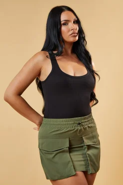 Rebellious Fashion Khaki Cargo Pockets Toggle Detail Mini Skirt - Sevil