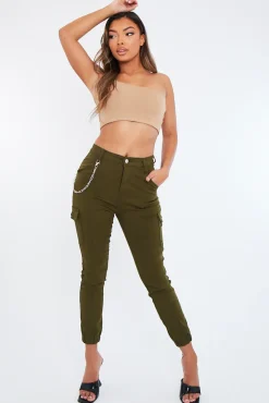 Rebellious Fashion Khaki Chain Detail Stretch Cargo Trousers - Nellie