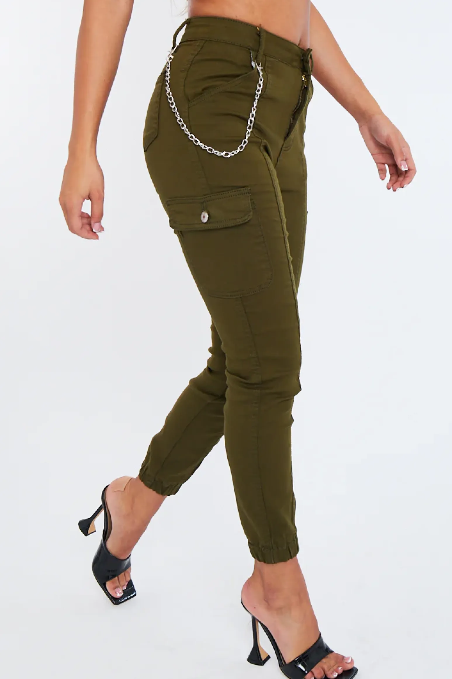 Rebellious Fashion Khaki Chain Detail Stretch Cargo Trousers - Nellie