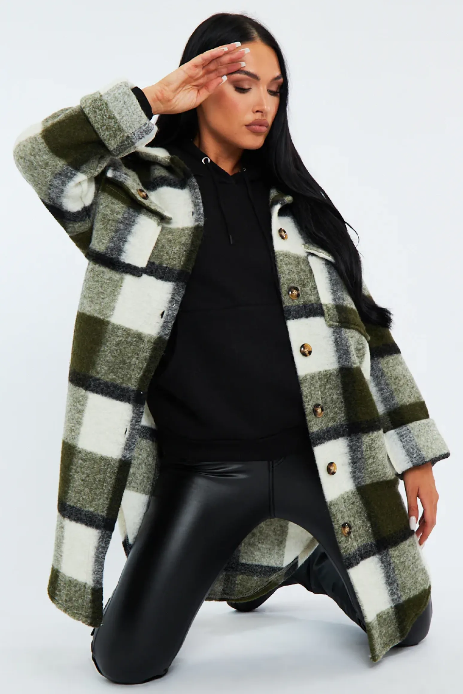 Rebellious Fashion Khaki Checked Pocket Front Shacket - Dalani