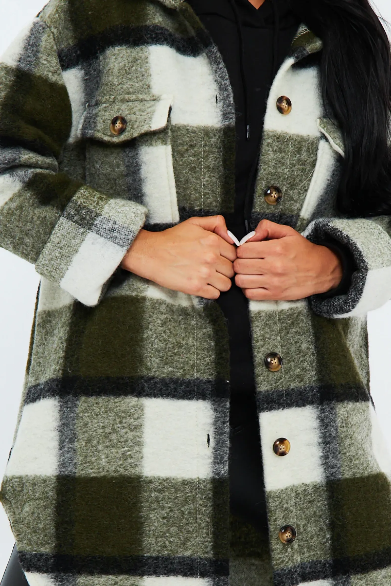 Rebellious Fashion Khaki Checked Pocket Front Shacket - Dalani