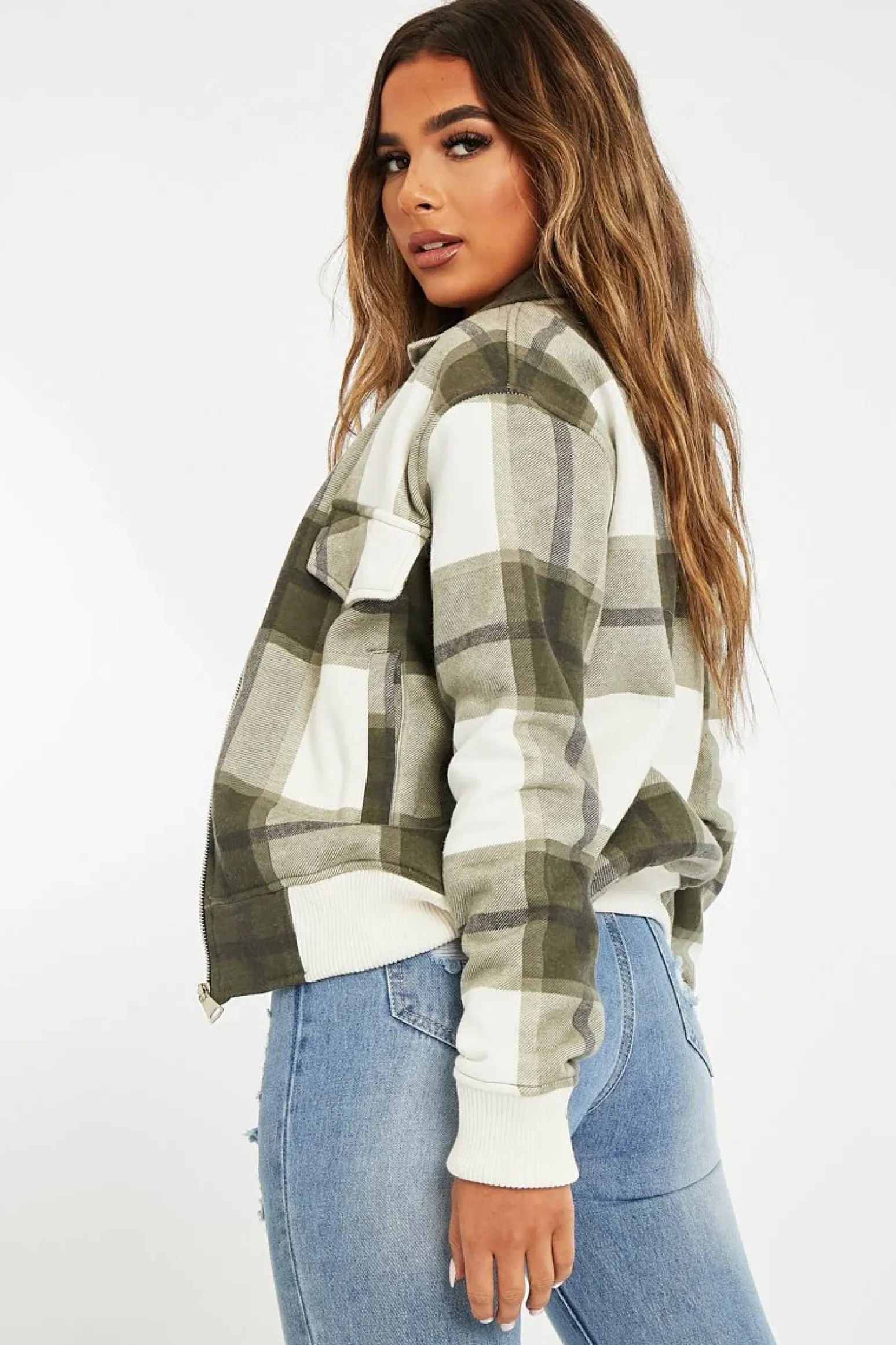Rebellious Fashion Khaki Check Zip Front Bomber Jacket - Luna
