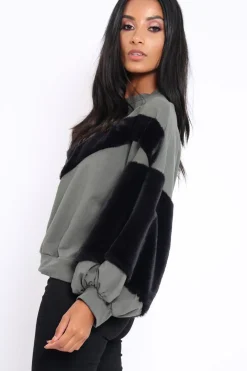Rebellious Fashion Khaki Chevron Fur Jumper - Lara