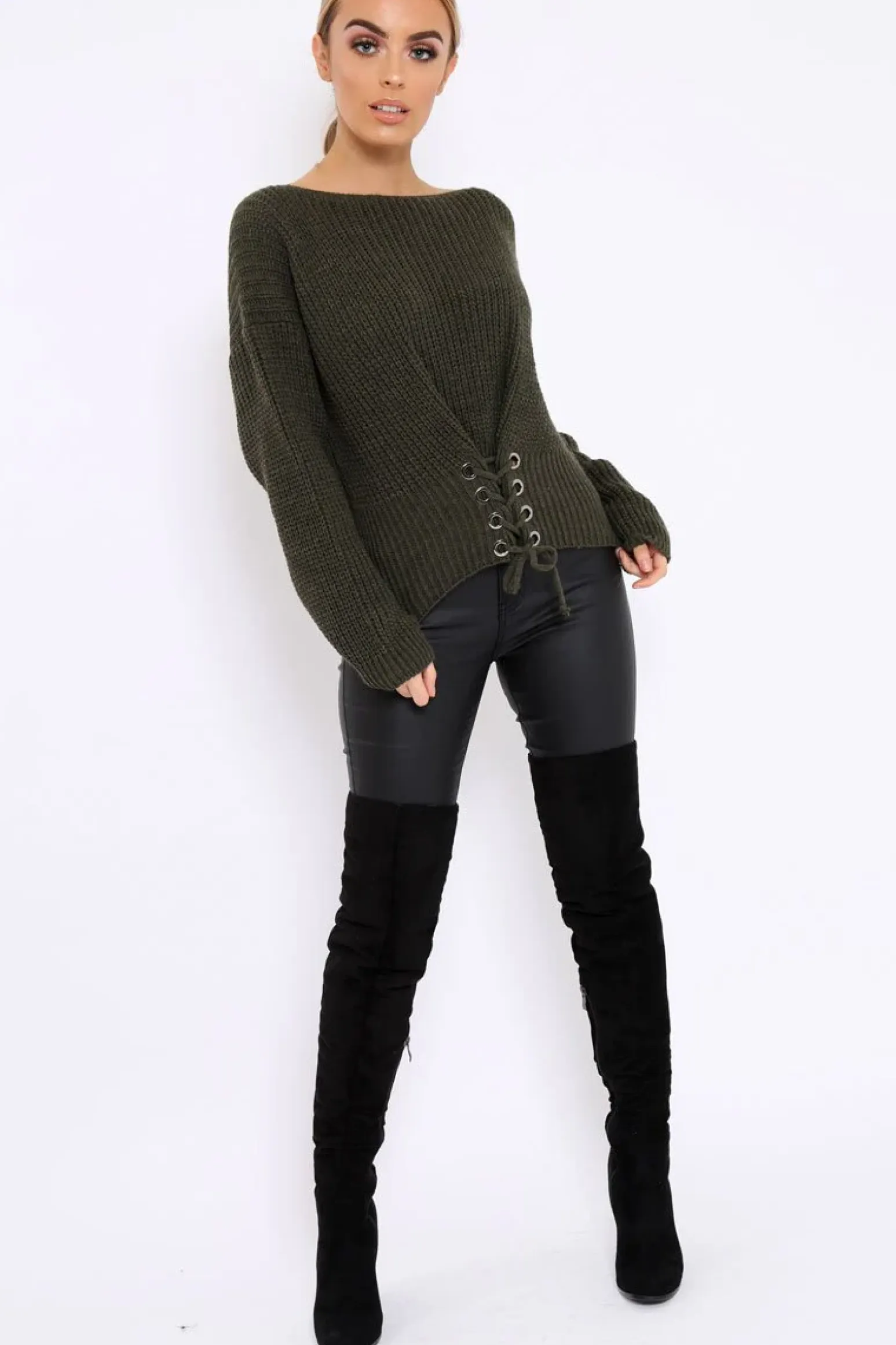 Rebellious Fashion Khaki Chunky Knit Corset Waist Knitted Jumper - Mikayla