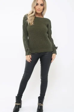 Rebellious Fashion Khaki Chunky Knit Lace Up Sleeve Jumper - Sarah