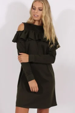 Rebellious Fashion Khaki Cold Shoulder Frill Layer Swing Dress - Megan