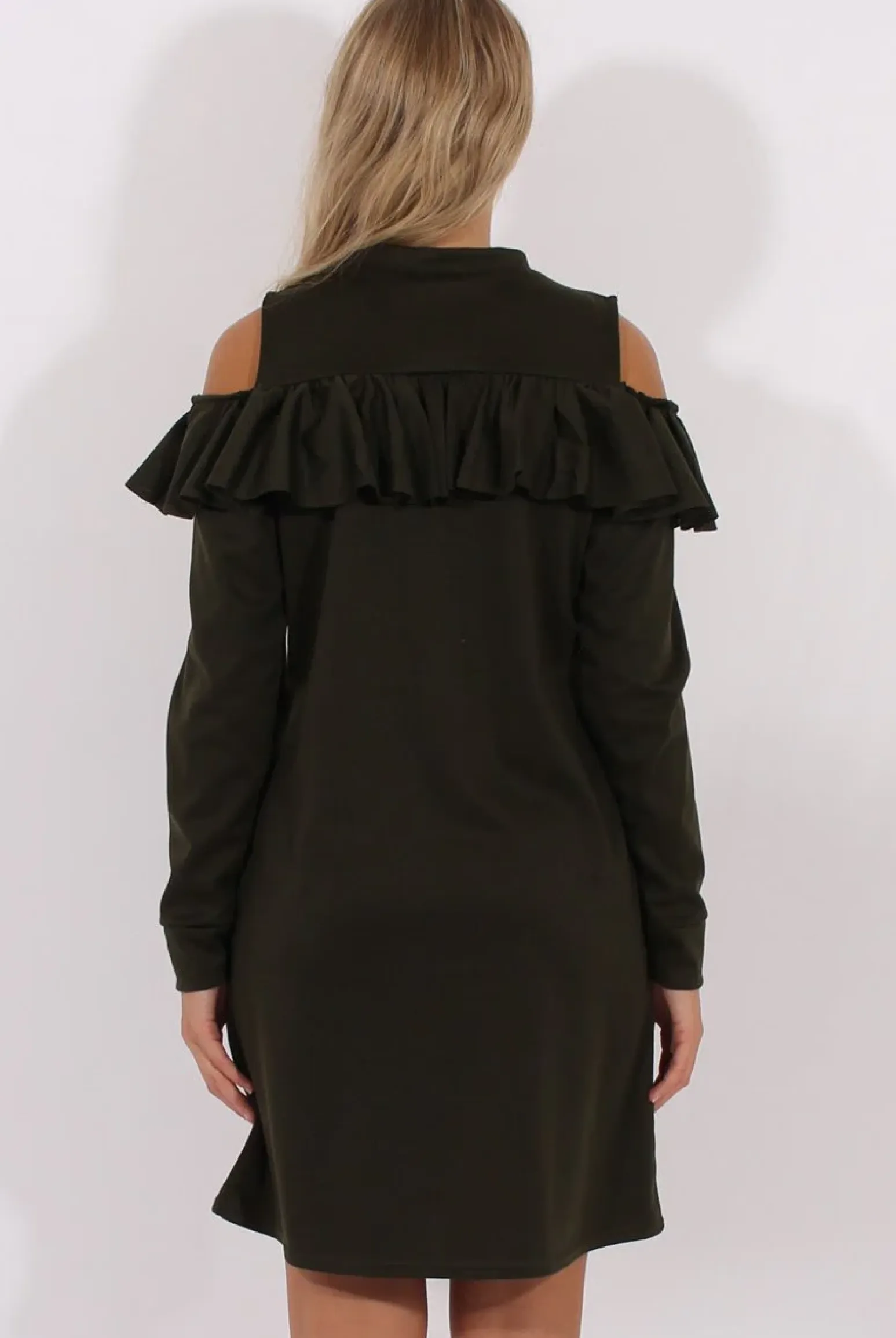 Rebellious Fashion Khaki Cold Shoulder Frill Layer Swing Dress - Megan