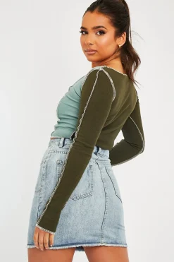 Rebellious Fashion Khaki Colour Block Lace Up Front Crop Top - Bella