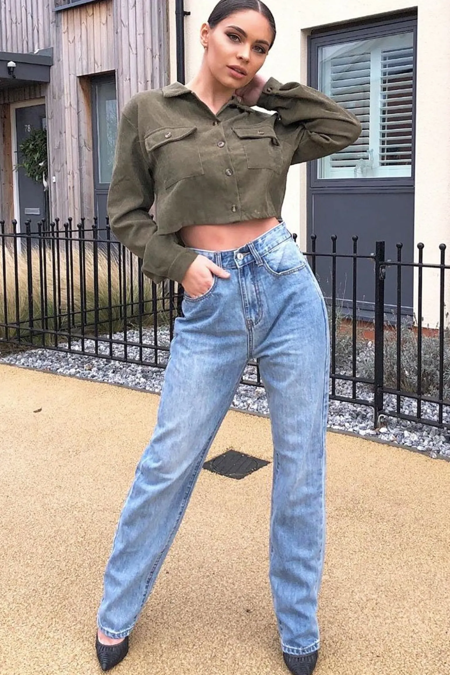 Rebellious Fashion Khaki Corduroy Utility Pocket Cropped Shirt - Eliora