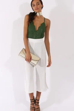 Rebellious Fashion Khaki Crochet Cross Back Bodysuit - Crecia