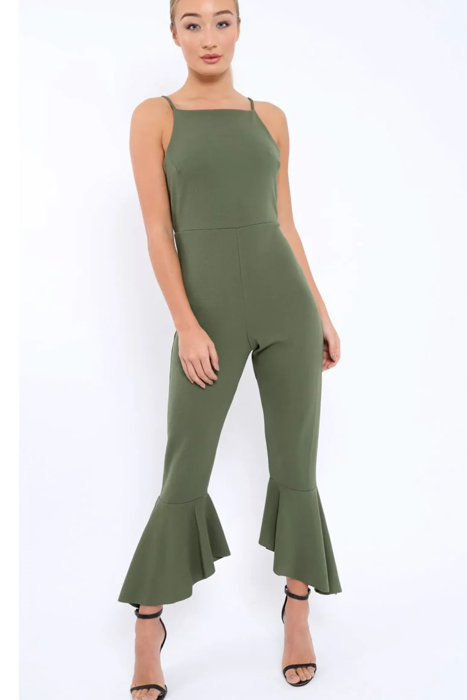 Rebellious Fashion Khaki Cropped Frill Hem Jumpsuit - Sadey