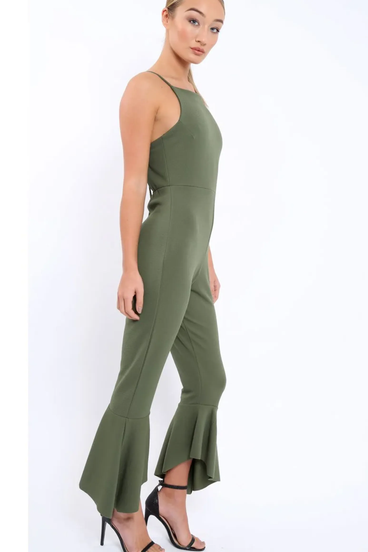 Rebellious Fashion Khaki Cropped Frill Hem Jumpsuit - Sadey