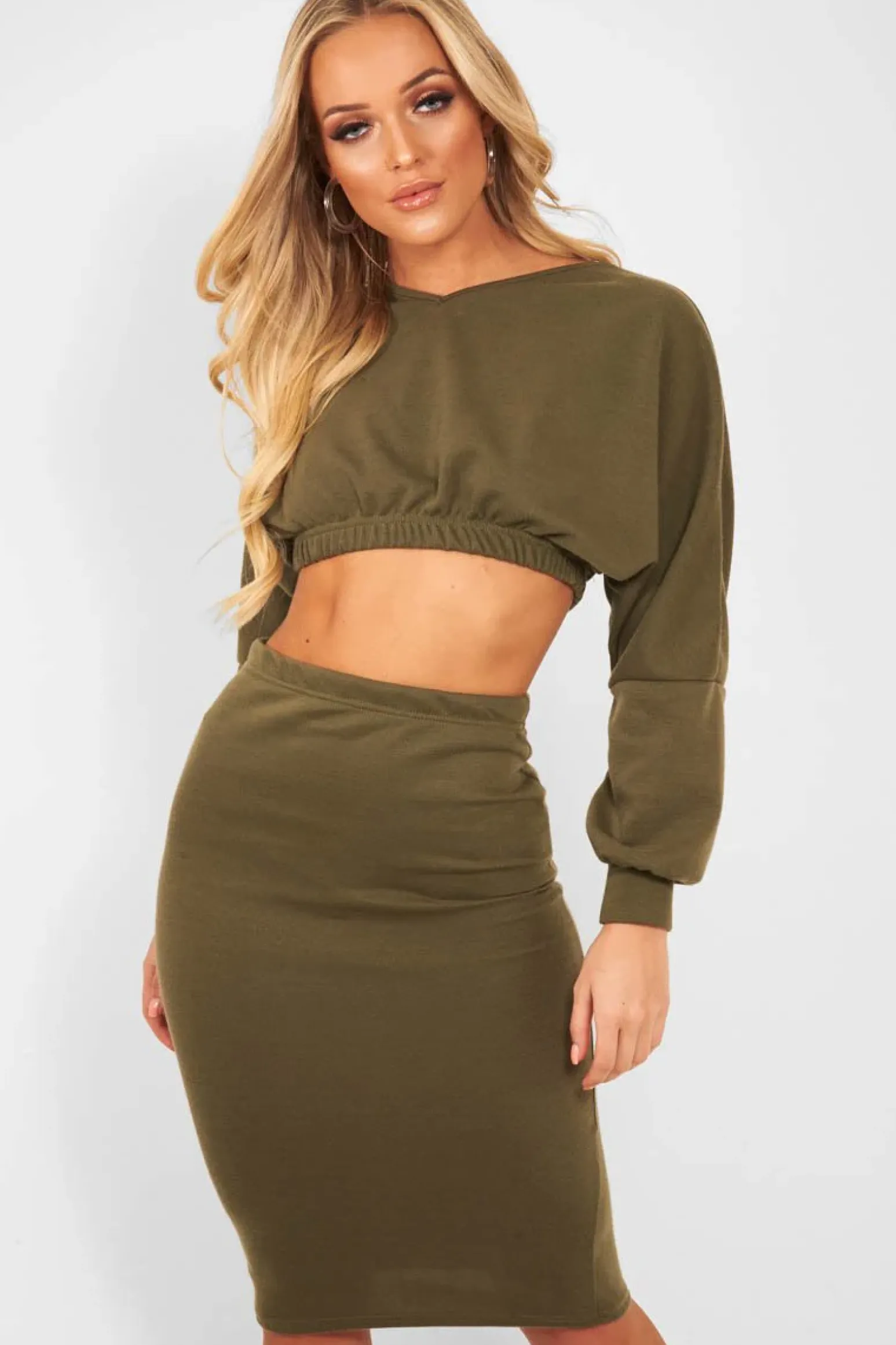 Rebellious Fashion Khaki Cropped Jumper and Skirt Co-ord - Heidi