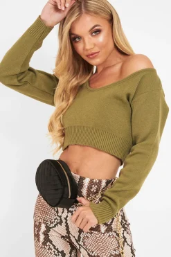 Rebellious Fashion Khaki Crop V Neck Knit Jumper - Rozella