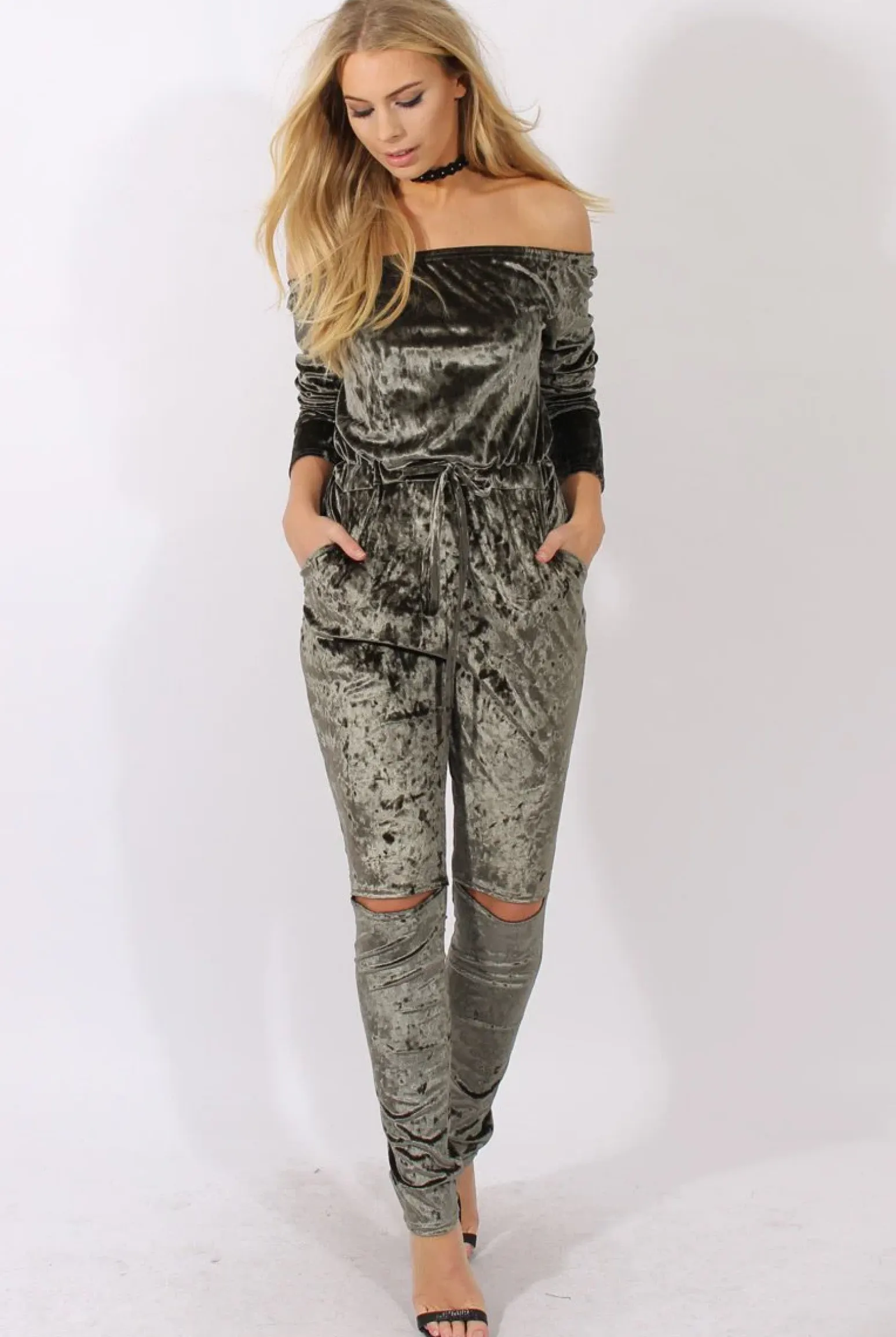 Rebellious Fashion Khaki Crushed Velvet Bardot Split Knee Jumpsuit - Binky