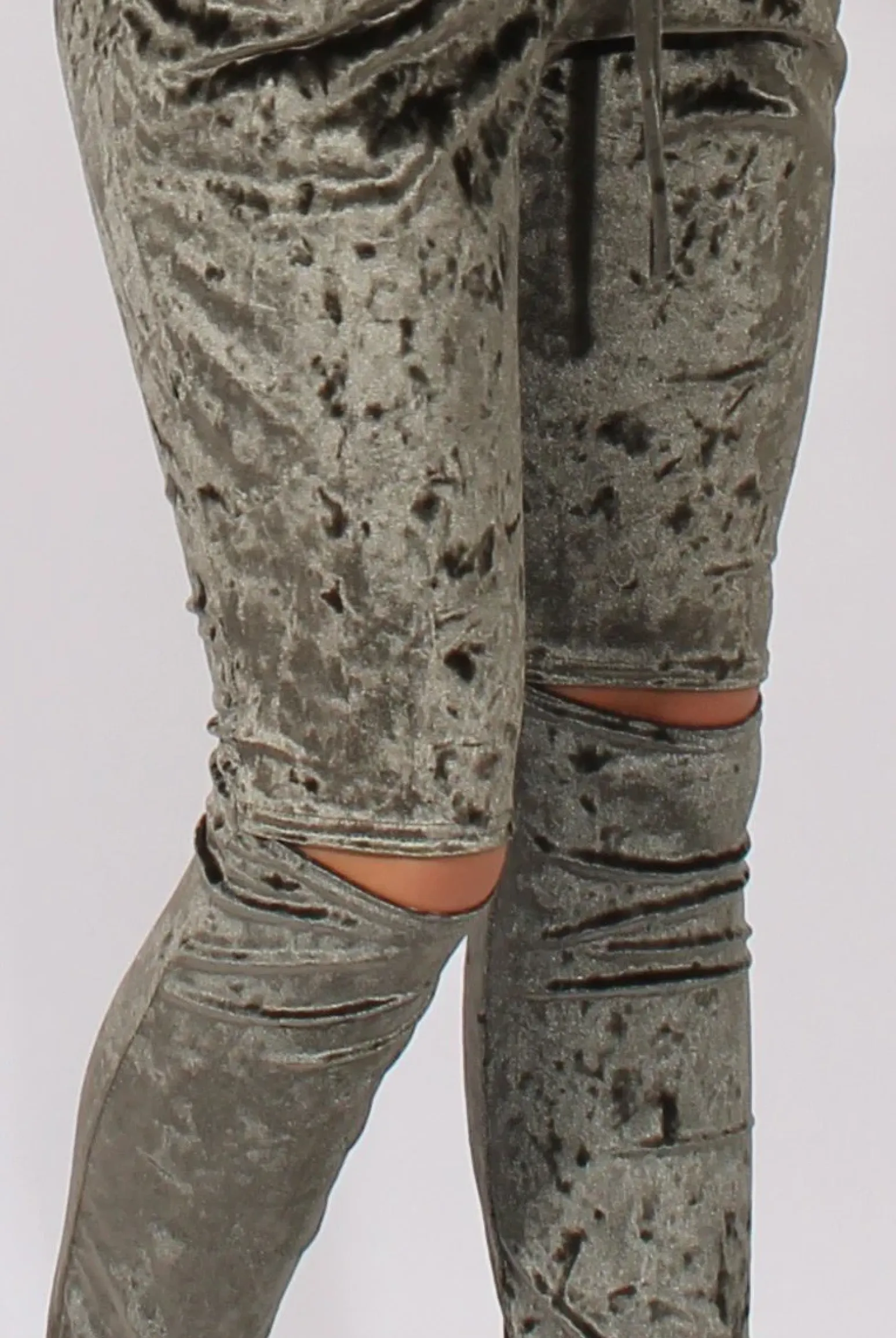 Rebellious Fashion Khaki Crushed Velvet Bardot Split Knee Jumpsuit - Binky