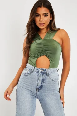 Rebellious Fashion Khaki Cut Out Ruched Halter Neck Bodysuit - Janessa