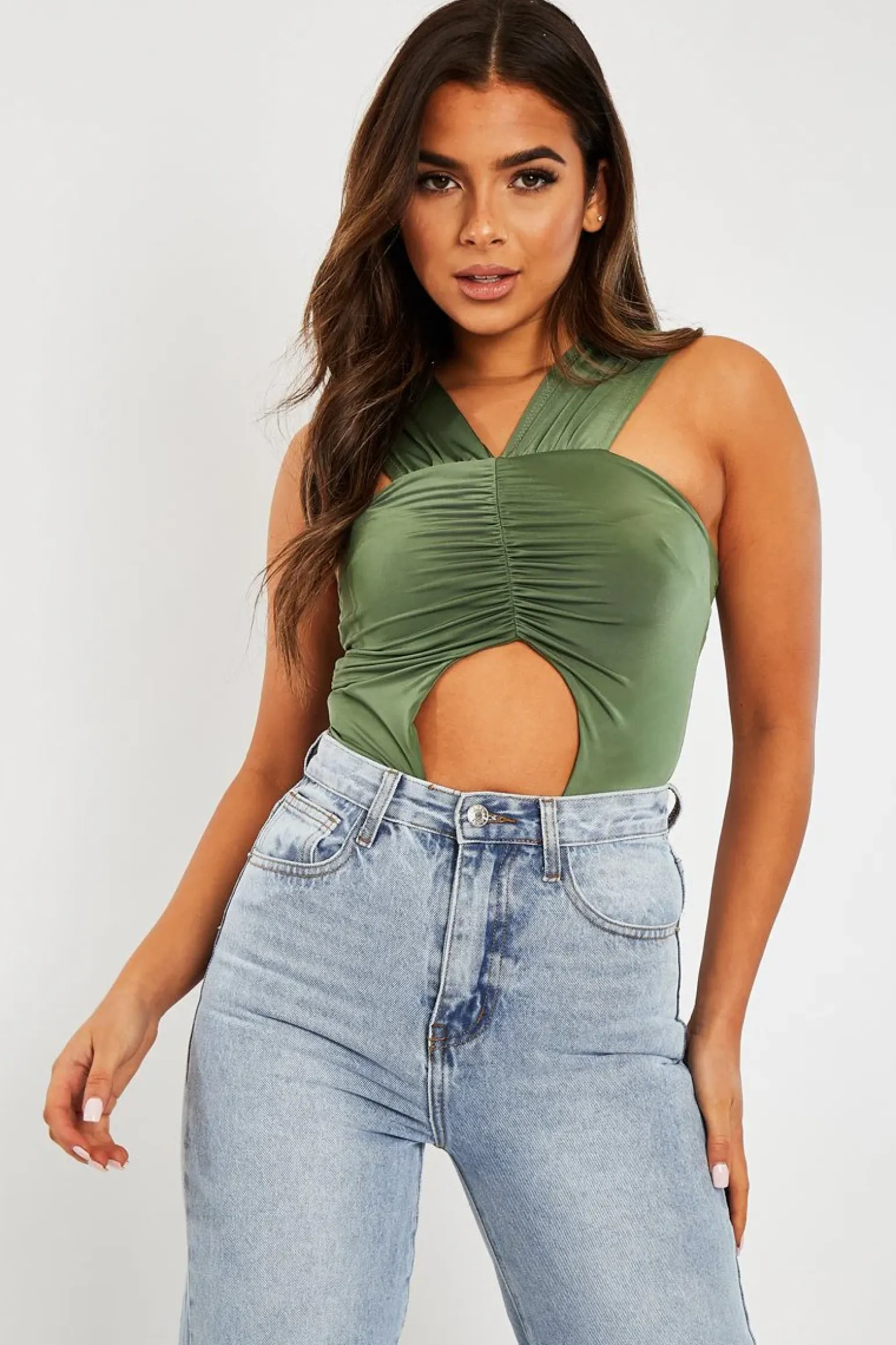 Rebellious Fashion Khaki Cut Out Ruched Halter Neck Bodysuit - Janessa