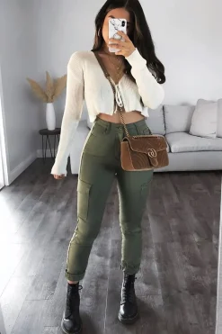 Rebellious Fashion Khaki Denim Cargo Jeans - Destany