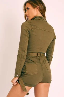 Rebellious Fashion Khaki Denim Long Sleeve Belted Playsuit - Jasslyn
