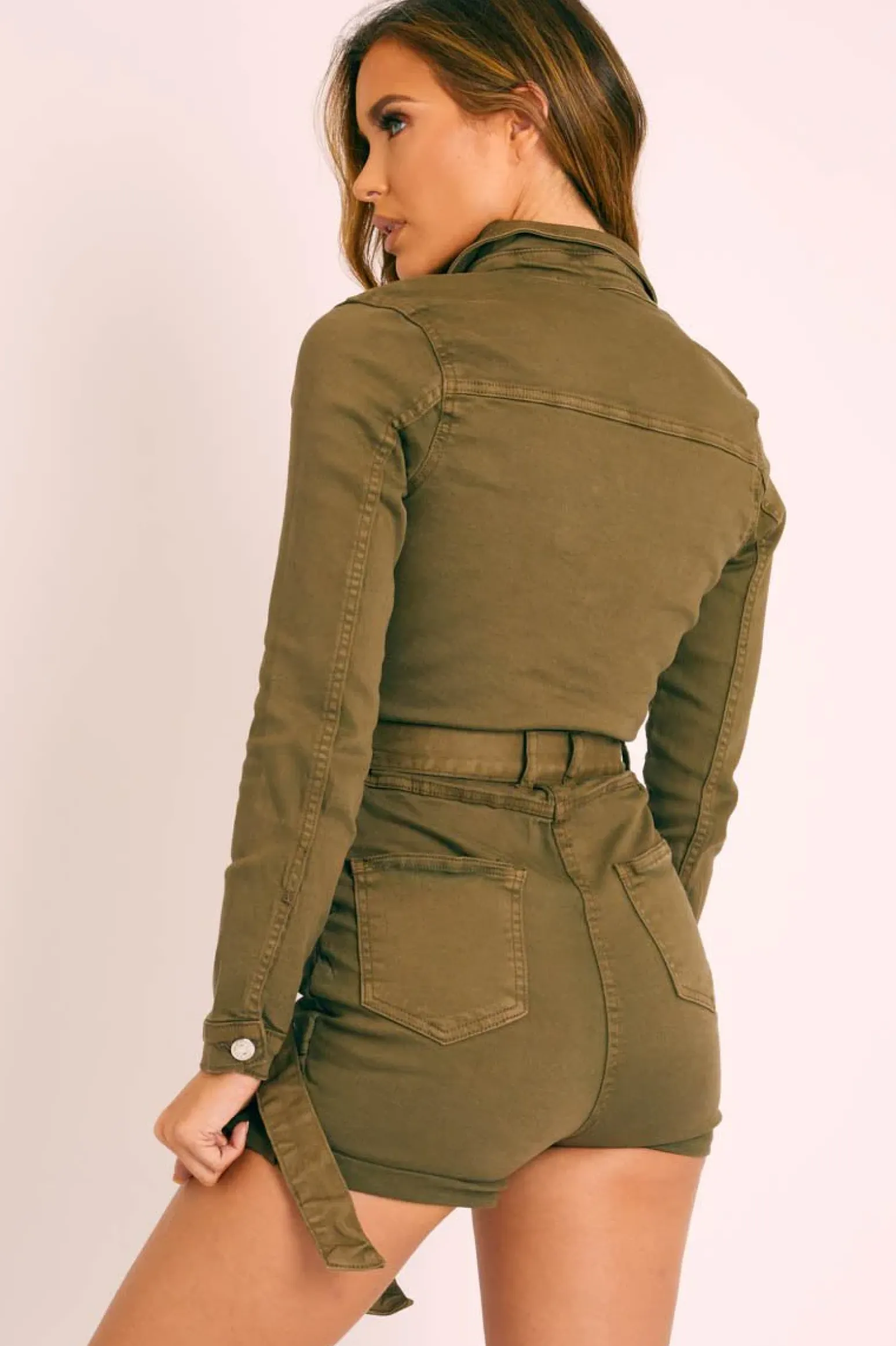 Rebellious Fashion Khaki Denim Long Sleeve Belted Playsuit - Jasslyn