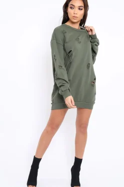 Rebellious Fashion Khaki Distressed Detail Sweatshirt Jumper Dress - Ivy