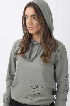 Rebellious Fashion Khaki Distressed Hoodie - Kiera