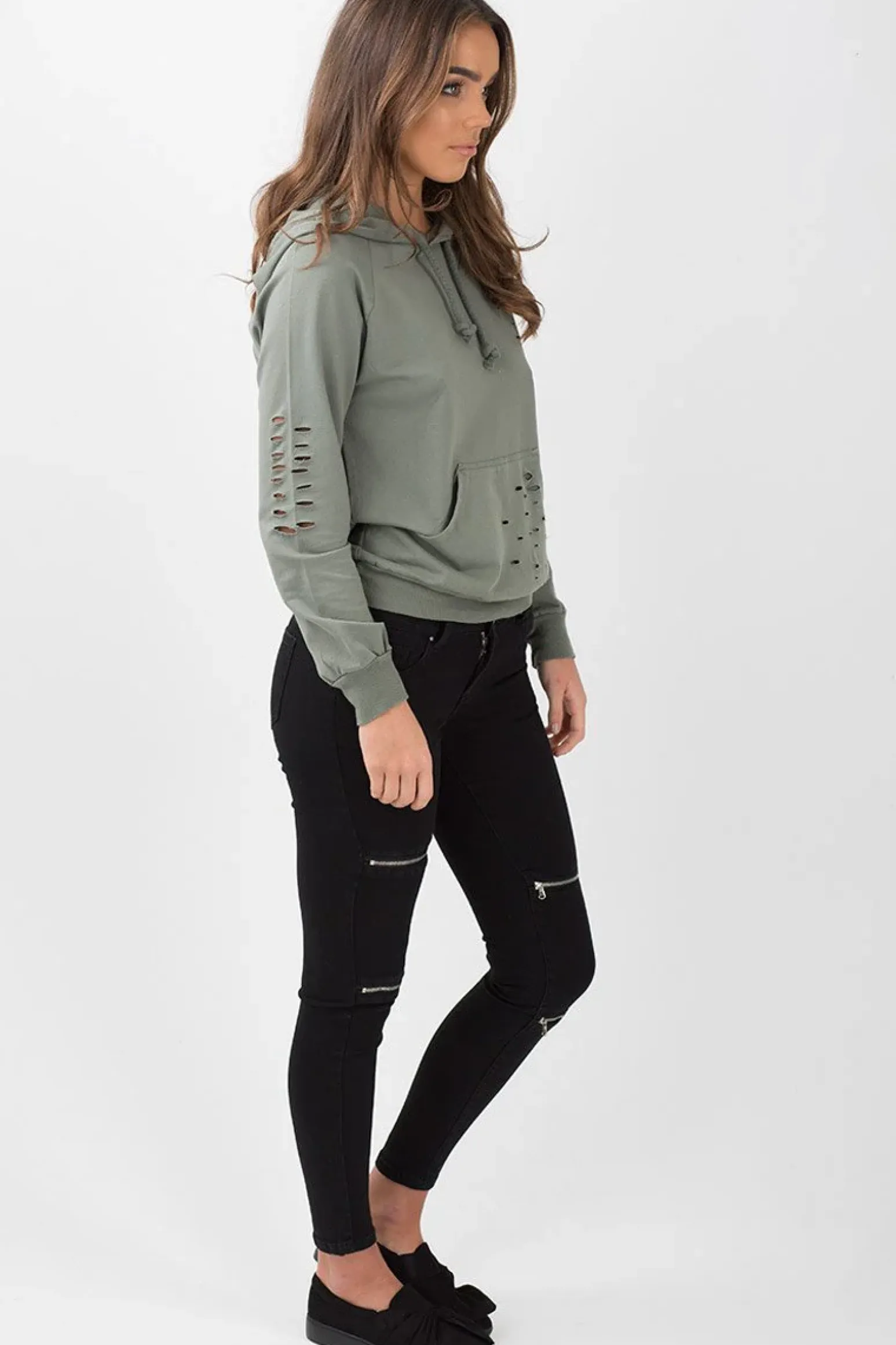 Rebellious Fashion Khaki Distressed Hoodie - Kiera