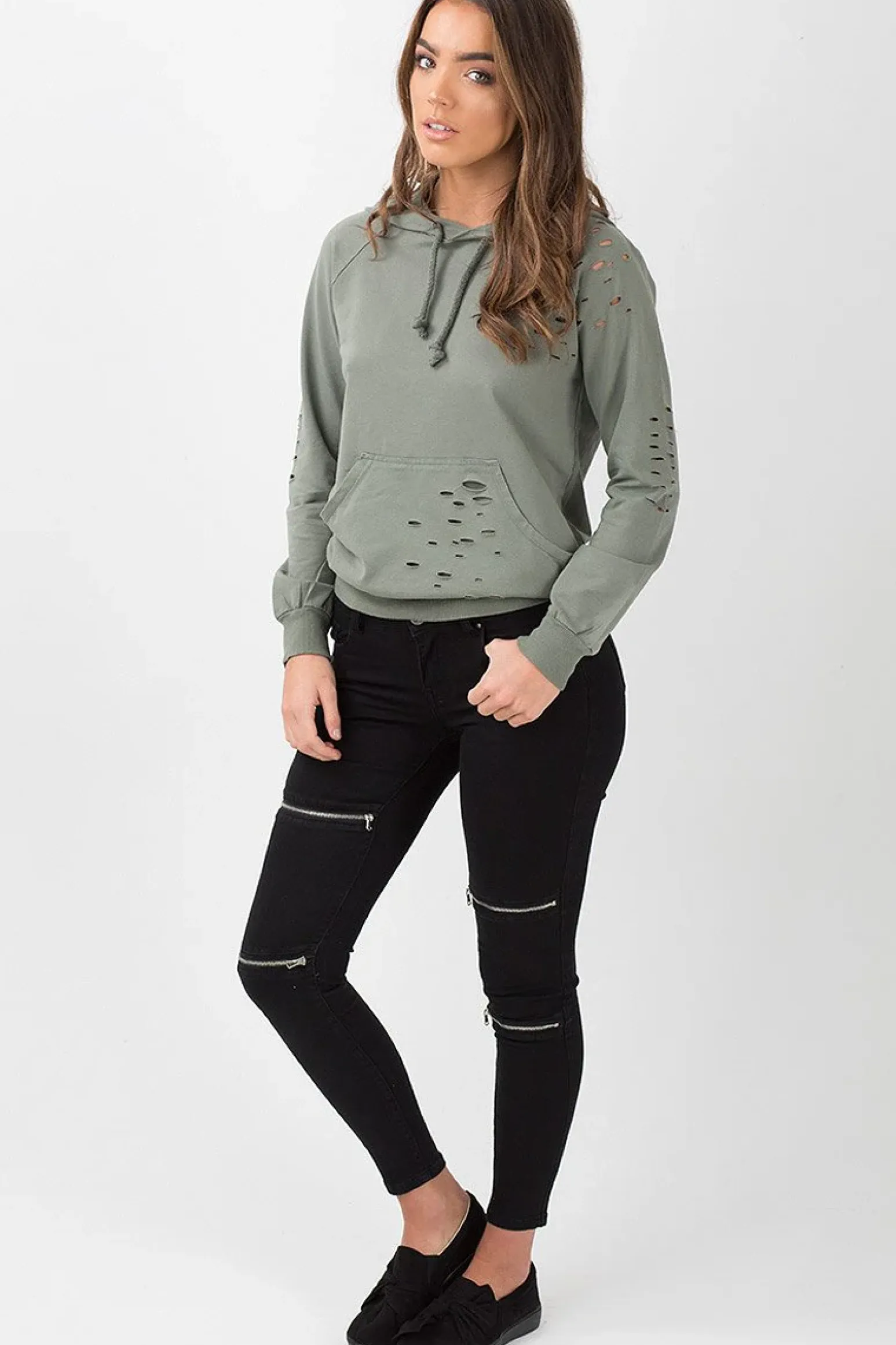 Rebellious Fashion Khaki Distressed Hoodie - Kiera