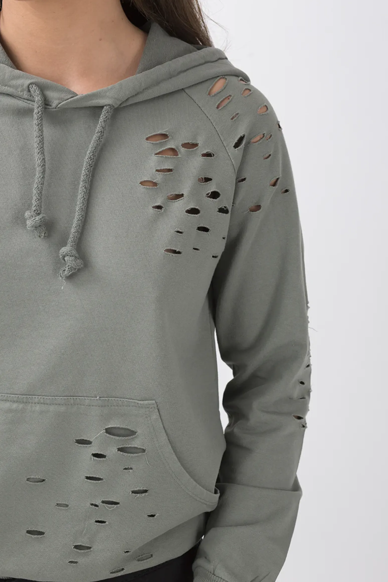 Rebellious Fashion Khaki Distressed Hoodie - Kiera