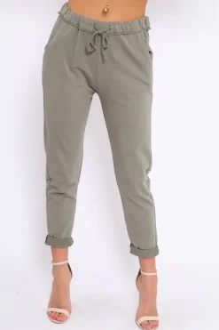 Rebellious Fashion Khaki Elasticated Tie Waist Joggers - Cerena