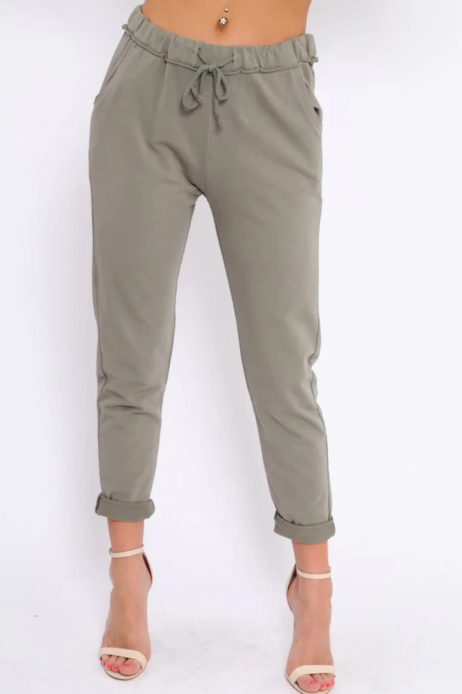 Rebellious Fashion Khaki Elasticated Tie Waist Joggers - Cerena