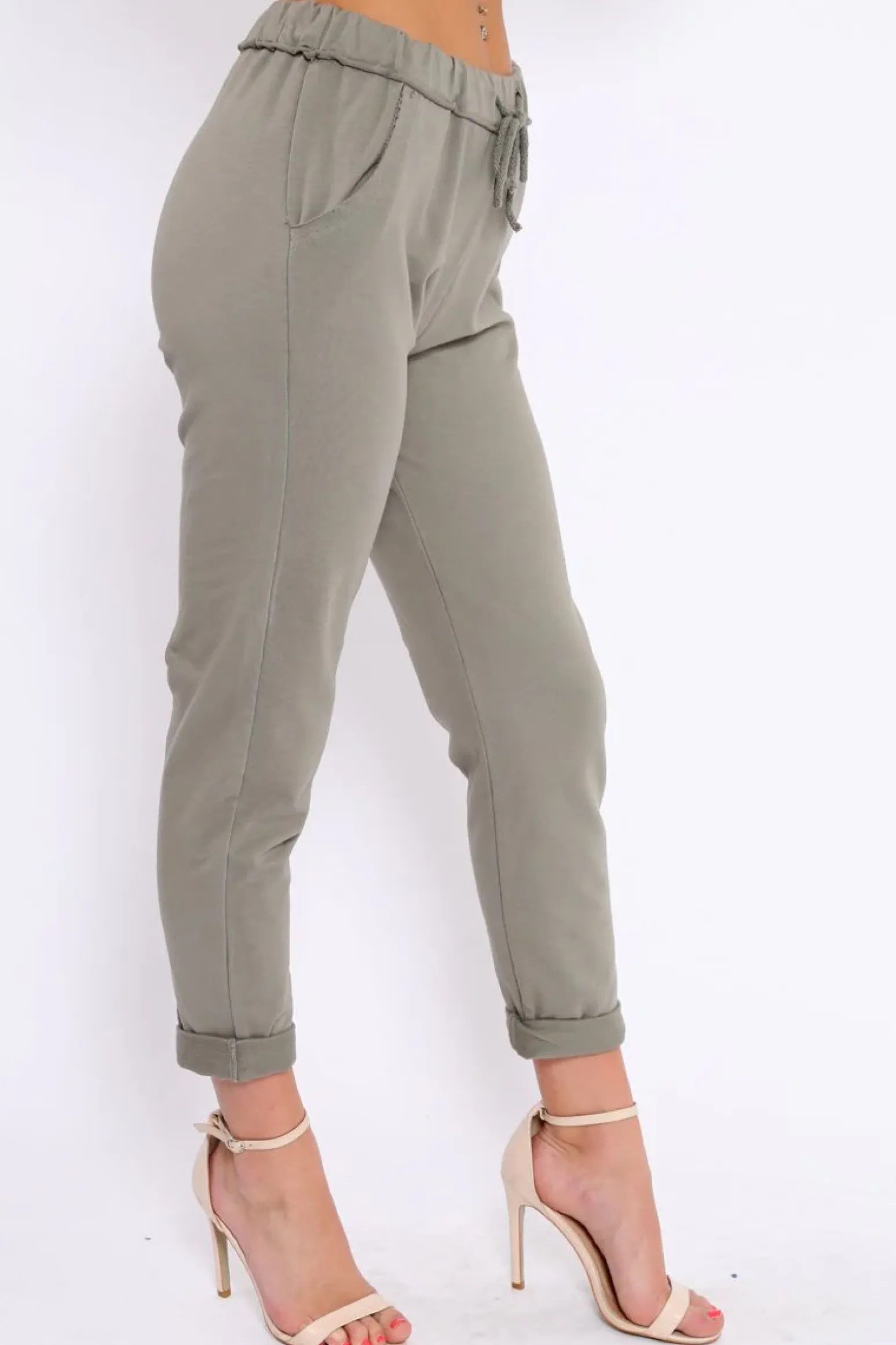 Rebellious Fashion Khaki Elasticated Tie Waist Joggers - Cerena