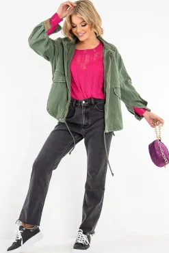 Rebellious Fashion Khaki Embroidered Sleeve Detail Denim Parka Jacket - Kaori