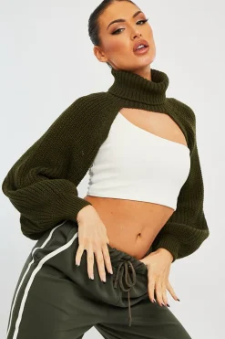 Rebellious Fashion Khaki Extreme Cut Out High Neck Jumper - Nihara