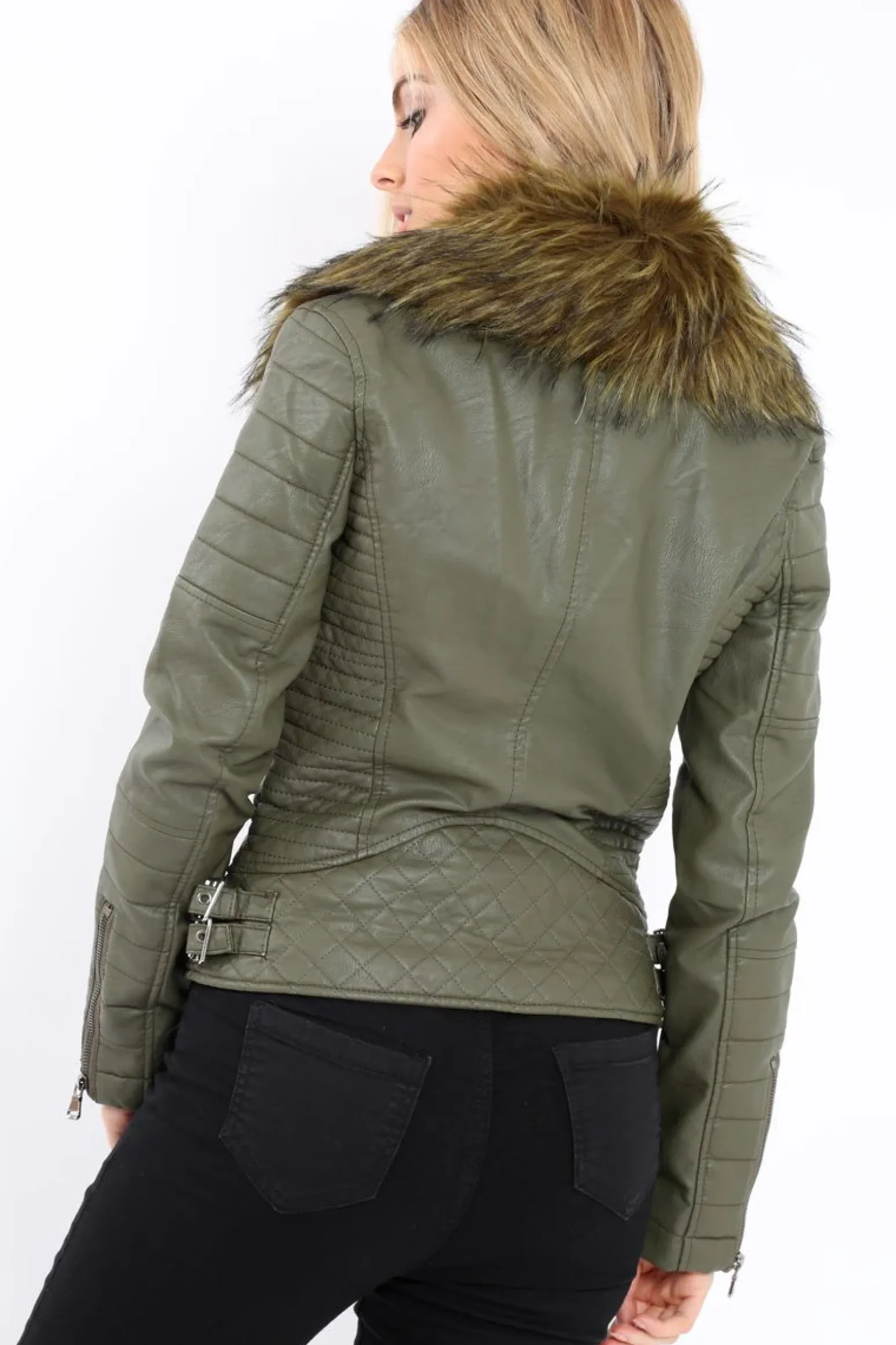 Rebellious Fashion Khaki Faux Leather Biker Jacket with Fur Collar - Lindy