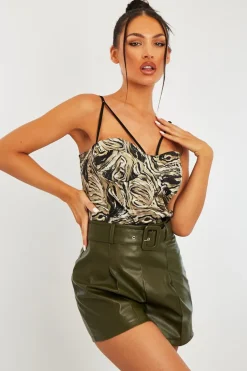Rebellious Fashion Khaki Faux Leather Buckle Belt Shorts - Tamra