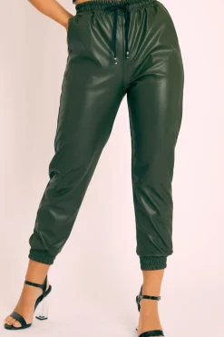 Rebellious Fashion Khaki Faux Leather Drawstring Waist Joggers - Persia