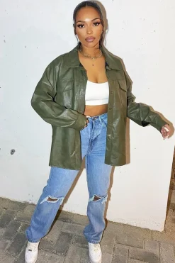 Rebellious Fashion Khaki Faux Leather Shacket - Leiyah
