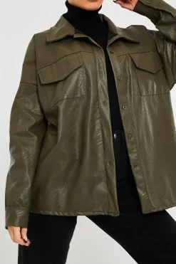 Rebellious Fashion Khaki Faux Leather Shacket - Leiyah